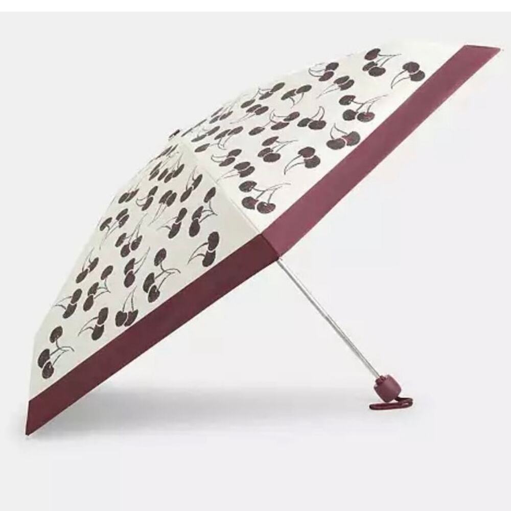 Coach Cream Cherry Print Folding Umbrella with Maroon Trim